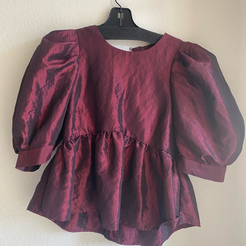 ASOS Shine Red Puff Sleeve Peplum Top Cropped